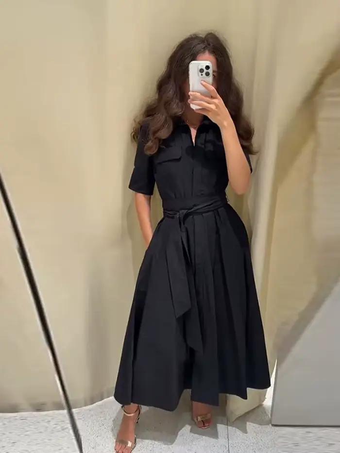 Nová elegantná čierna plisovaná dlhá šaty pre ženy s opaskom