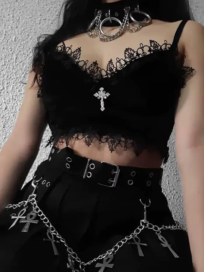 Sametový Y2K nákupný Goth kultúrny top čierna čipka lemovanie Emo Alternatívny estetický
