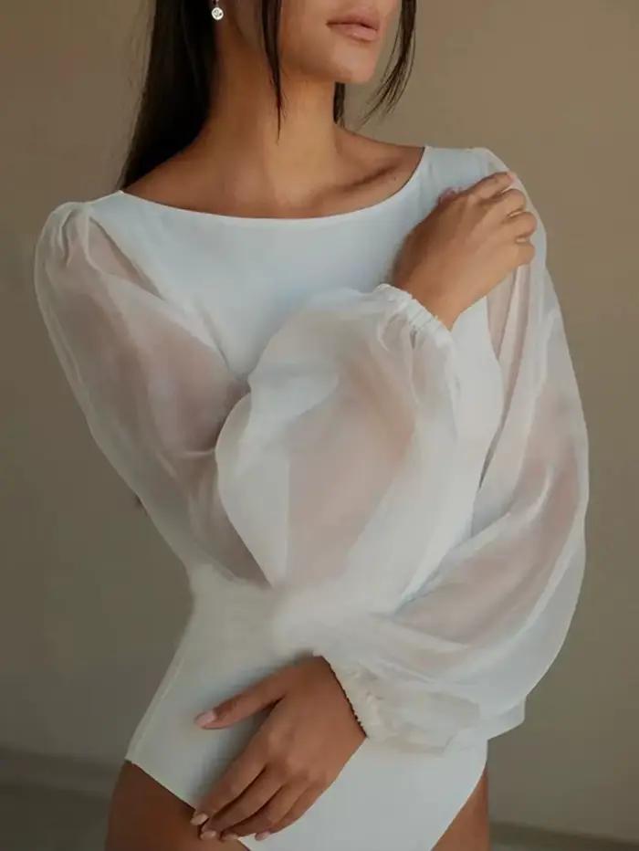 Sexy body pre ženy čierna biela kaki obtiahnutá s dlhými rukávmi jednodielna sieťovaná