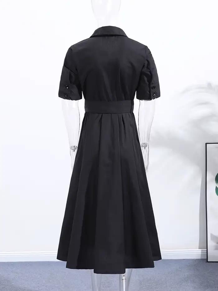 Nová elegantná čierna plisovaná dlhá šaty pre ženy s opaskom