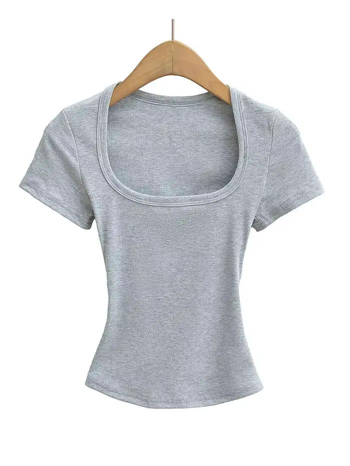 Štvorcový výstrih vysoký Stretch letná kultúra topy ženy s krátkymi rukávmi Sexy pulóver vrcholy Blúzky tenké tričko