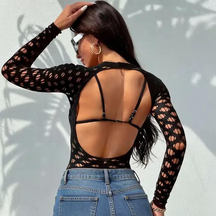 Body femme ajouré en résille, transparent, dos nu, manches longues, pour la plage et les festivals d'été