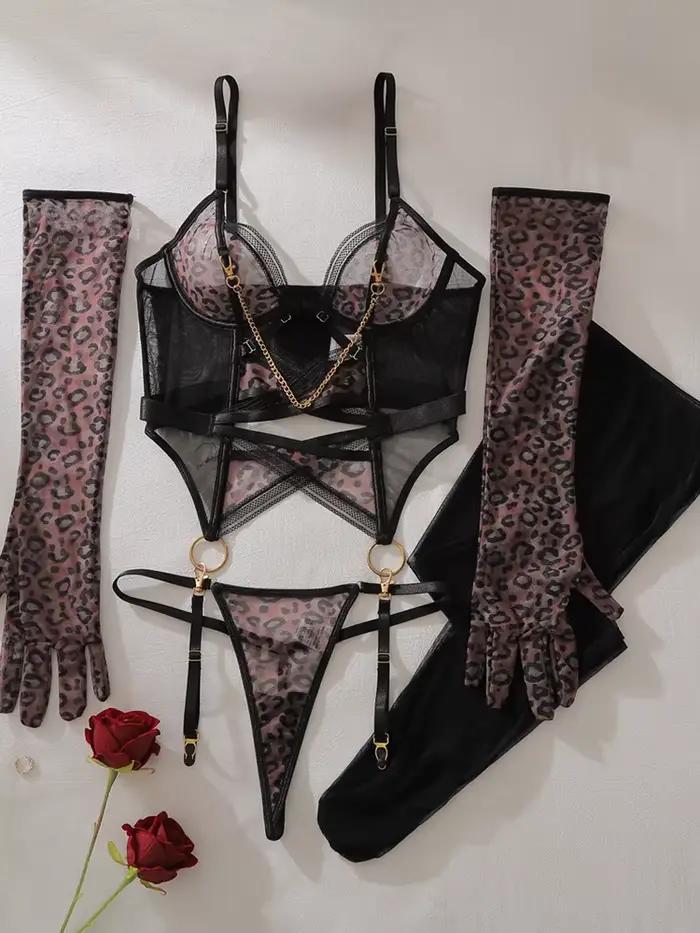 Ensemble de lingerie sexy transparente motif léopard avec gants en maille élégants, tenue de nuit sculptante ajourée pour femme