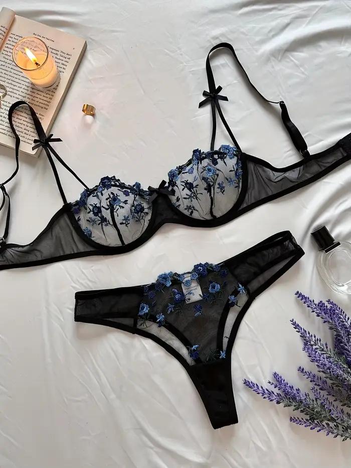 Noc krásnych žien Sexy 2-dielna sada s kvetinovou výšivkou