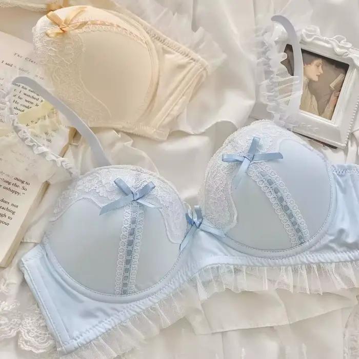 Dentelle douce, lingerie de style princesse Lolita, petits seins froncés pour femmes, sans anneaux en acier, soutien-gorge mignon