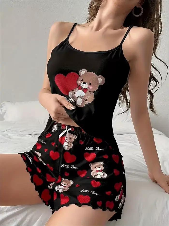 Ensemble pyjama et short pour femmes, vêtements de maison, ours mignon + cœur de pêche rouge imprimé, sous-vêtements, Lingerie Sexy, Camisoles, vêtements de nuit