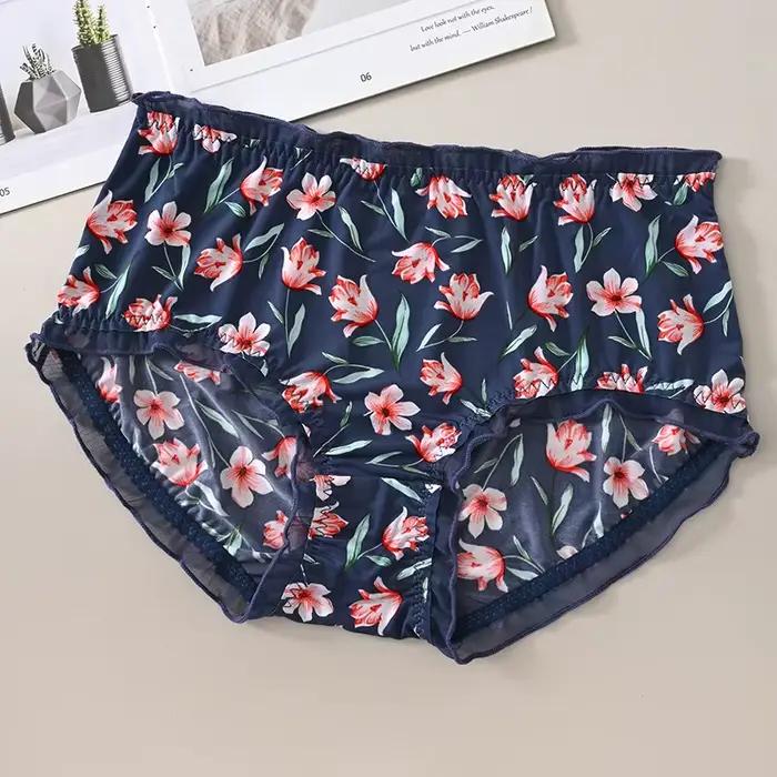 Culotte en dentelle soyeuse pour femme, slip grande taille, imprimé lait, sexy, à volants, nœud papillon, sous-vêtement élastique, grande taille