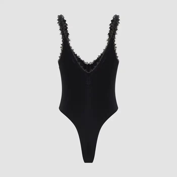 Elegantné čierne obtiahnuté body pre ženy s čipkou