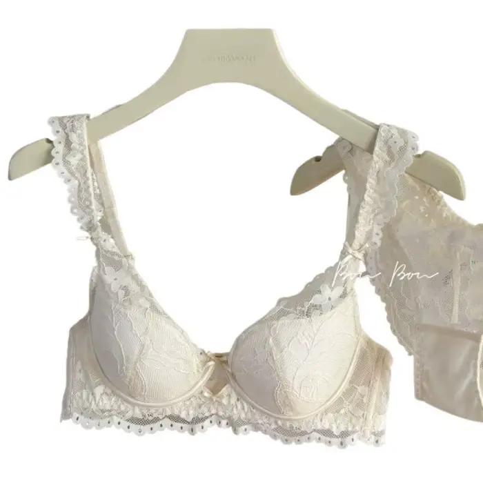 Ensemble de soutien-gorge en dentelle française pour filles, Anti-affaissement, anneau en acier doux, froncé, petite poitrine, Illusion de coton, bonnet 3/4, sangle fixe