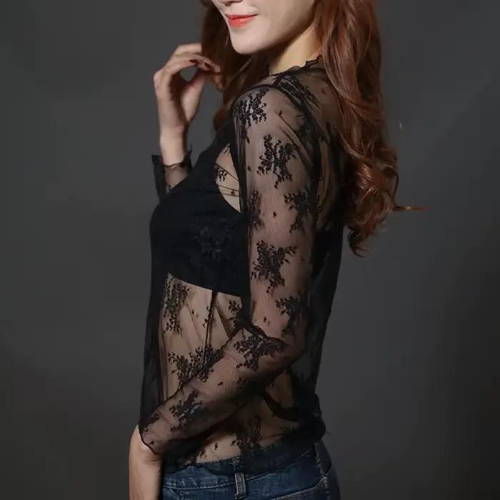 2021 módne dámske Sexy s dlhými rukávmi priesvitné sieťované tričko voľné T-Shirt čistá čierna biela čipka
