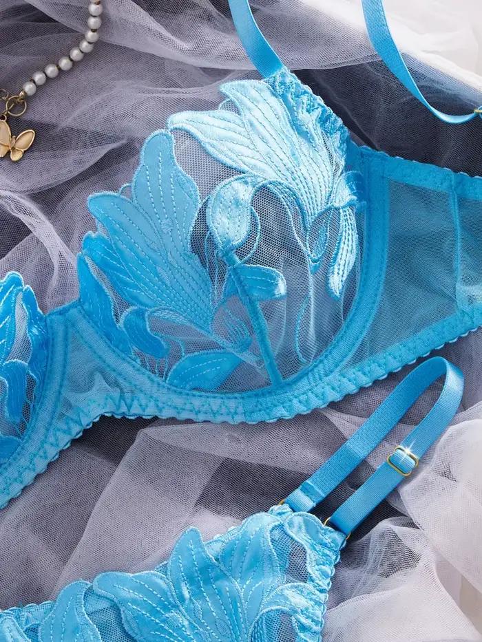 Ensemble de lingerie féminine en dentelle brodée, bleu, Pure Desire, lingerie pour adultes, ensemble de lingerie intime transparente et élégante