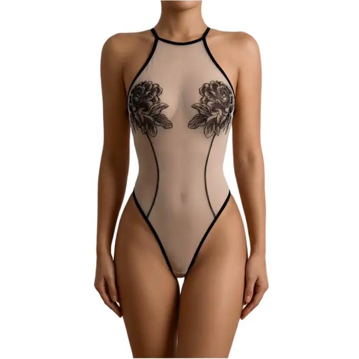 Krasapt Sexy Sieťovaný Ružový Body s Odhaleným Chrbtom