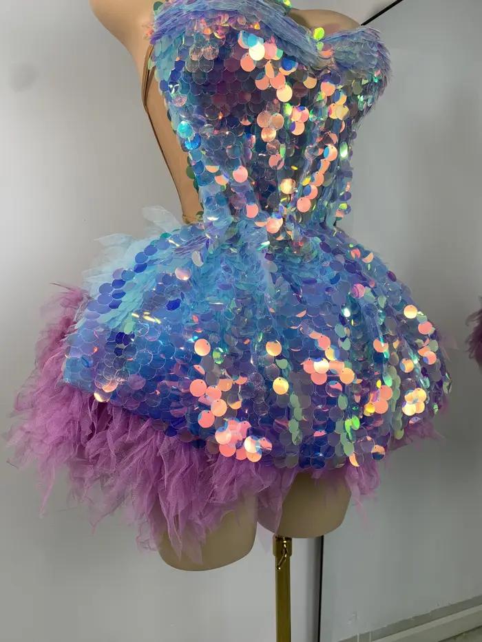 Costume deux pièces à volants et paillettes brillantes pour femmes, ensemble robe dos nu, Costume de danse pour spectacle en boîte de nuit, Costume de scène de chanteur