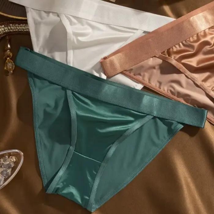 Culottes taille basse en satin de soie, couleur unie, sans couture, en soie glacée, avec entrejambe en coton, sous-vêtements pour femme