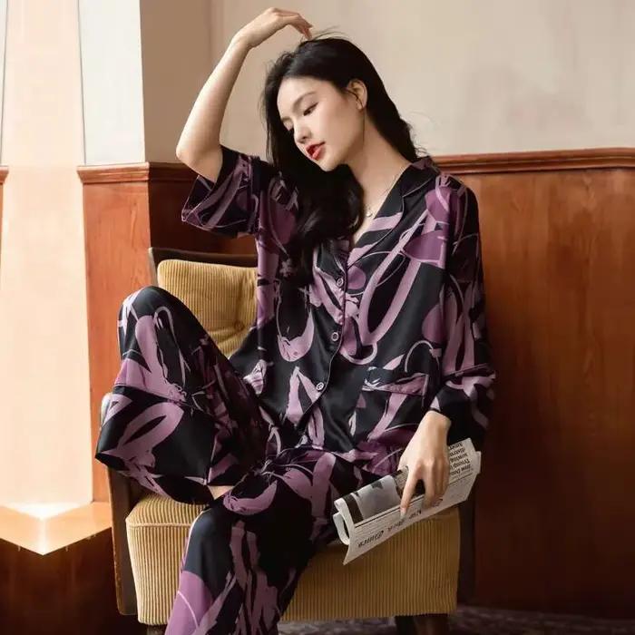 Pyjama à manches longues pour femmes, ensemble de vêtements de maison, style fin, haut de gamme, imbibé de glace, printemps et automne, 2023
