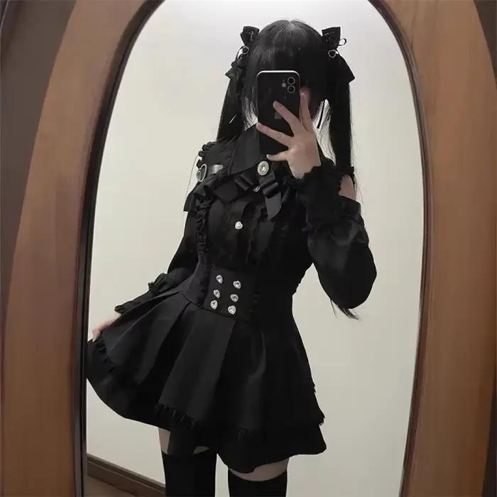 Ensemble haut de gamme en polyester plissé avec arc et dentelle pour style Lolita et sœur royale, idéal pour festivals et cérémonies