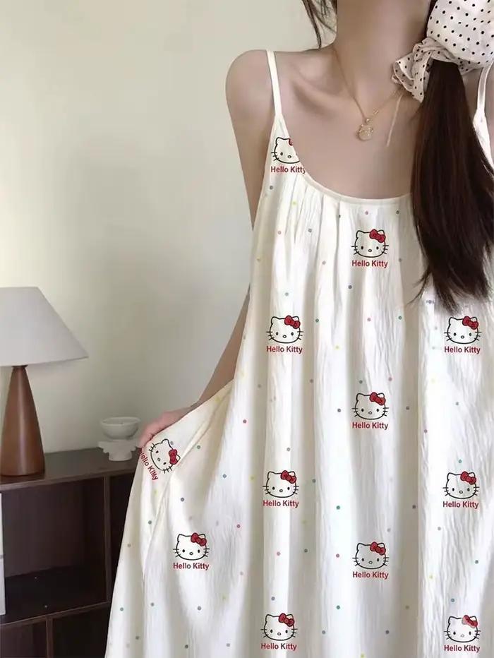 Robe de nuit mi-longue Hello Kitty pour femme avec soutien-gorge intégré, imprimé dessin animé mignon, prête pour l'extérieur, élégante, pour dormir et se détendre