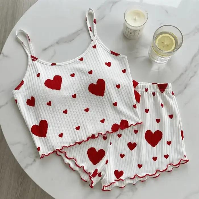 Ensemble de pyjama pour femme Fashion Love Heart, vêtements de maison, pyjama d'été deux pièces, nœud, camisole, short, pyjama pour fille