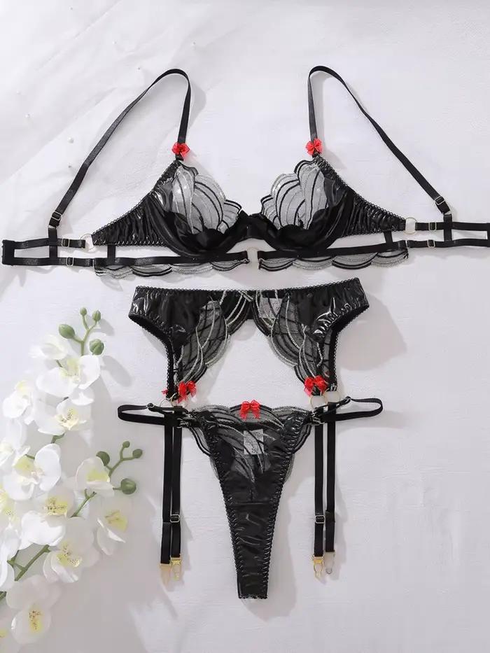 Ensemble de lingerie sexy pour femme, soutien-gorge noir à armatures, broderie géométrique, porte-jarretelles et culotte, sous-vêtements fantaisie, lingerie sexy exotique et érotique