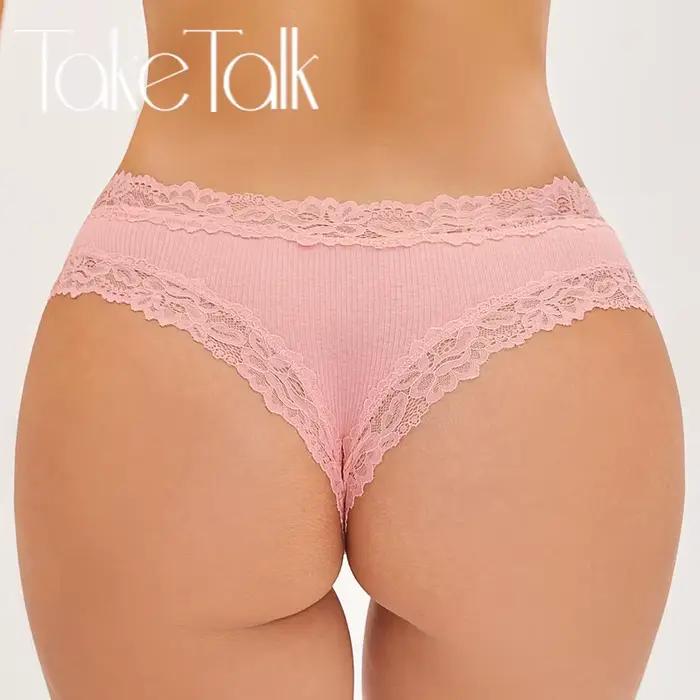 Culotte brésilienne sexy en dentelle pour femmes, lingerie en coton doux, taille basse, solide, sous-vêtements respirants