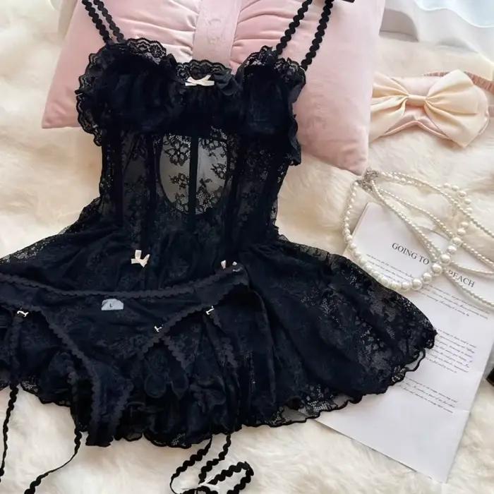 Čierna módna sexy sieťovaná čipka s podväzkami jemná ružová nočná košeľa s nohavičkami súprava spodnej bielizne vysokej kvality