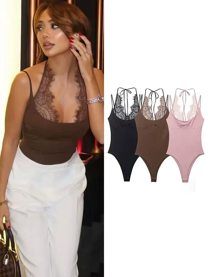 Nouveauté : Combinaisons moulantes sexy pour femmes, élégantes, avec empiècements en dentelle, sans manches, dos nu, style débardeur, tenues décontractées