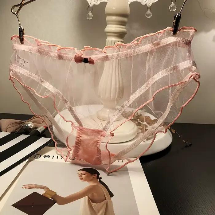 Ženy Sexy priesvitné ružové nohavičky s mašľou bavlnený klin slipy žena sieťovaná spodná bielizeň priedušná vlnitý okraj duté tangá