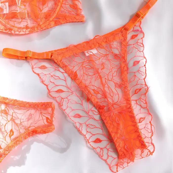 Ensemble de lingerie sexy 4 pièces avec broderie lèvres orange, soutien-gorge et string en maille transparente, porte-jarretelles et anneau de jambe, ensemble intime