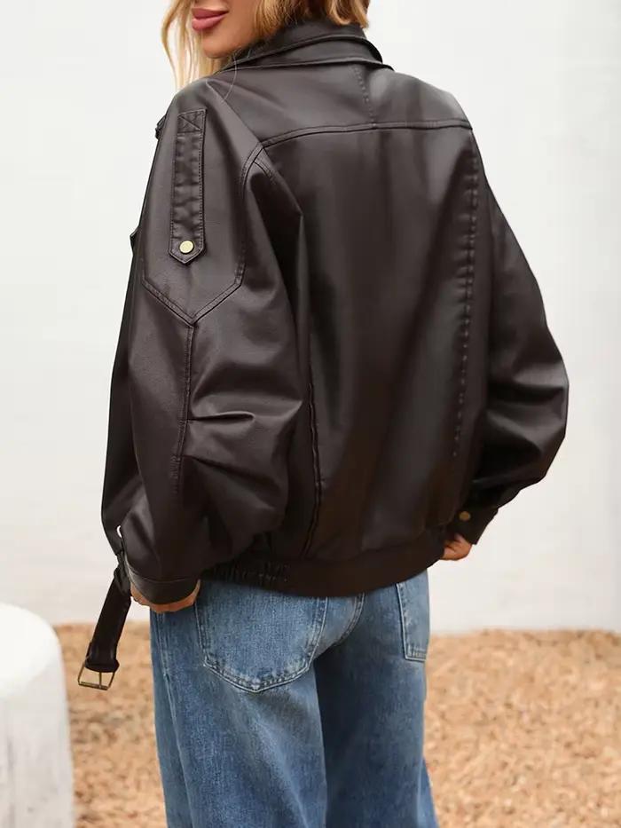 Ailegogo nová jarná/jesenná dámska streetwear retro voľná bunda z imitácie kože Moto Biker žena Vintage opasok