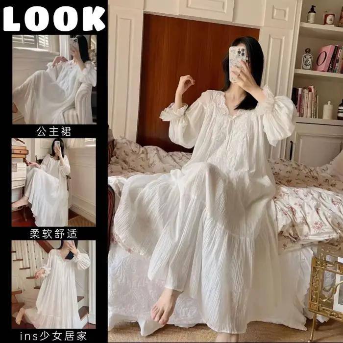 Robe longue de style français pour femme, chemise de nuit en dentelle, nouvelle mode printemps-automne, robe de nuit ample