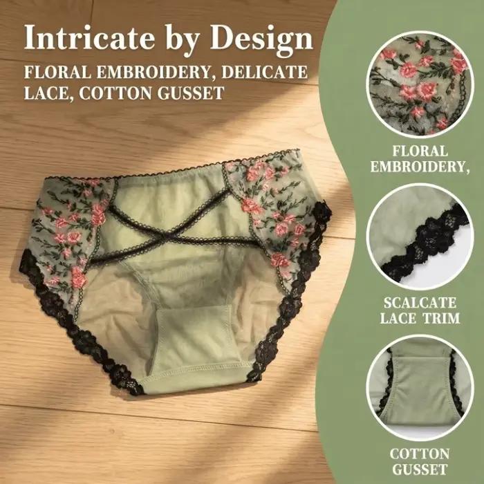 Culotte transparente en maille pour femme, broderie florale, respirante, en dentelle, culotte évidée, broderie douce, slip en dentelle