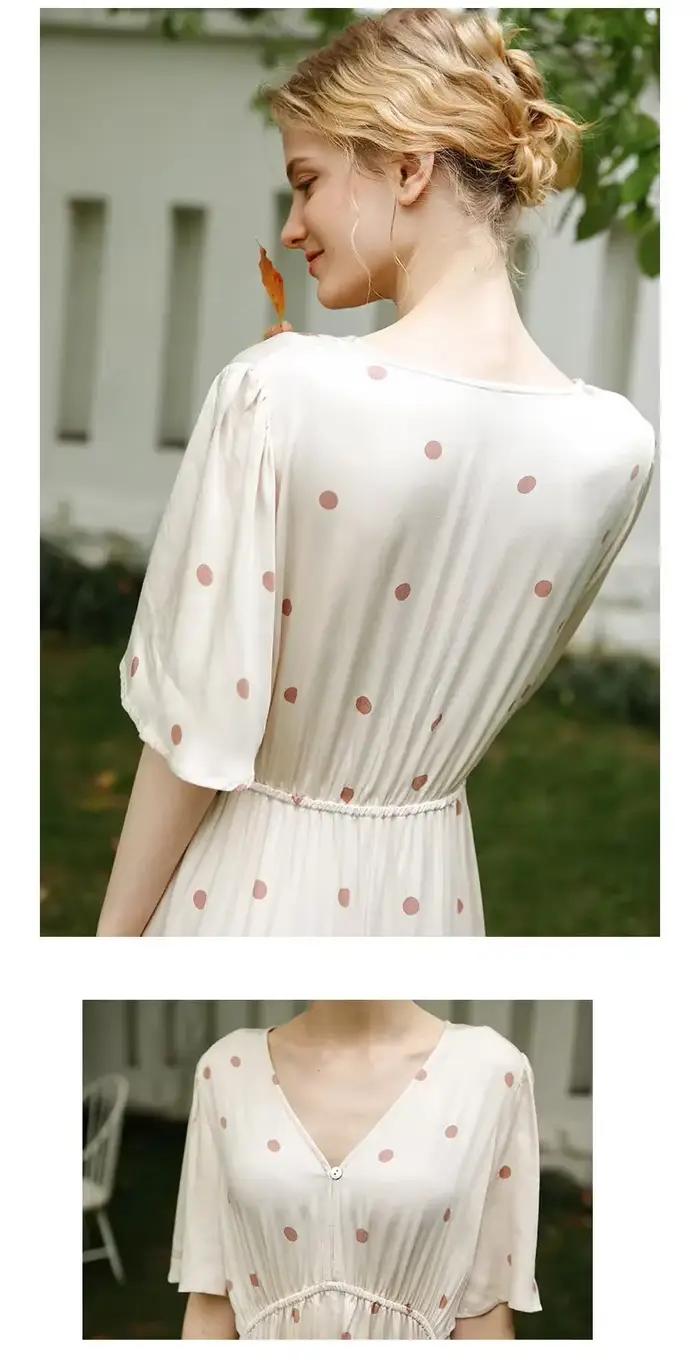 Robe de nuit longue en viscose pour femme, vêtements de nuit d'été dégradés, chemise de nuit à col en V avec point marron imprimé, robe de nuit à manches courtes