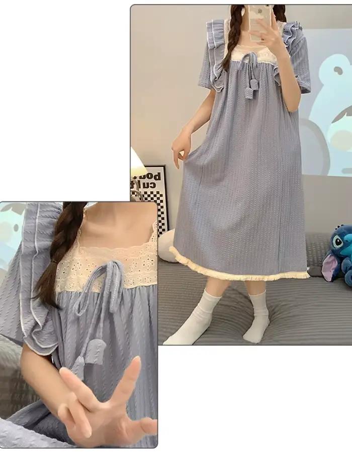 Chemise de nuit en coton grande taille avec coussinets de poitrine pour femme, pyjama de style princesse, vêtements de détente d'été à manches courtes, peut être porté à l'extérieur