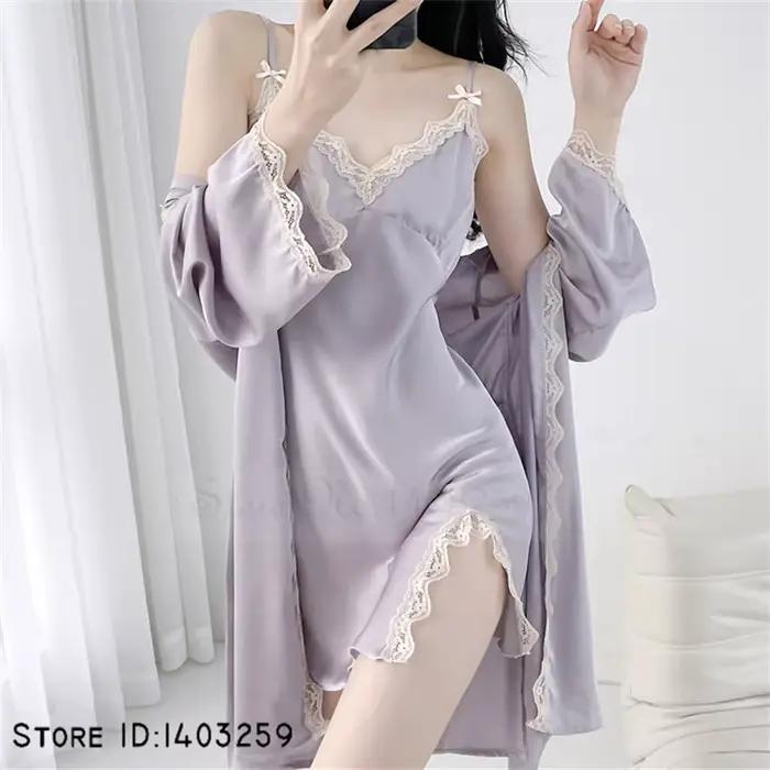 Ensemble de Robe de Mariée Blanche, Kimono Sexy en Rayonne, Chemise de Nuit, Garniture en Dentelle, Vêtements de Maison Décontractés, Lingerie, 2 Pièces