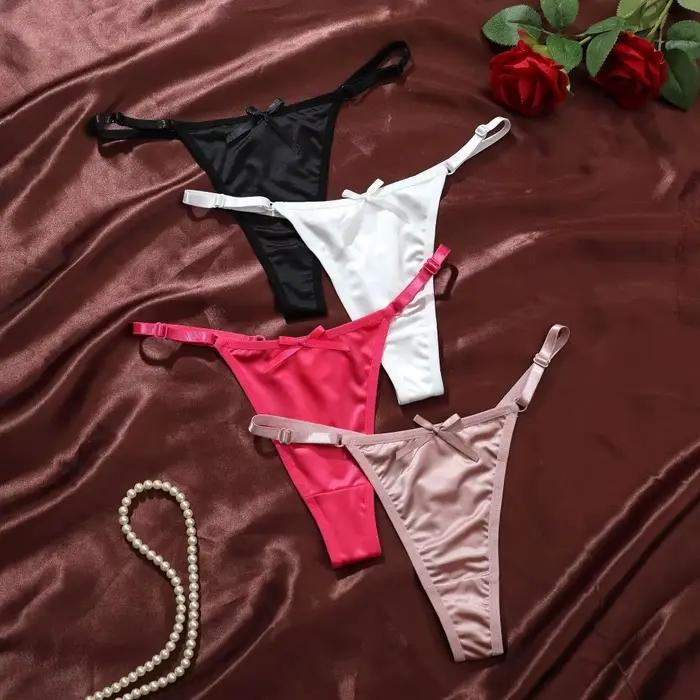 String ajustable taille basse en satin transparent avec nœud, culotte brodée transparente, lingerie féminine, culotte romantique en T pour femme
