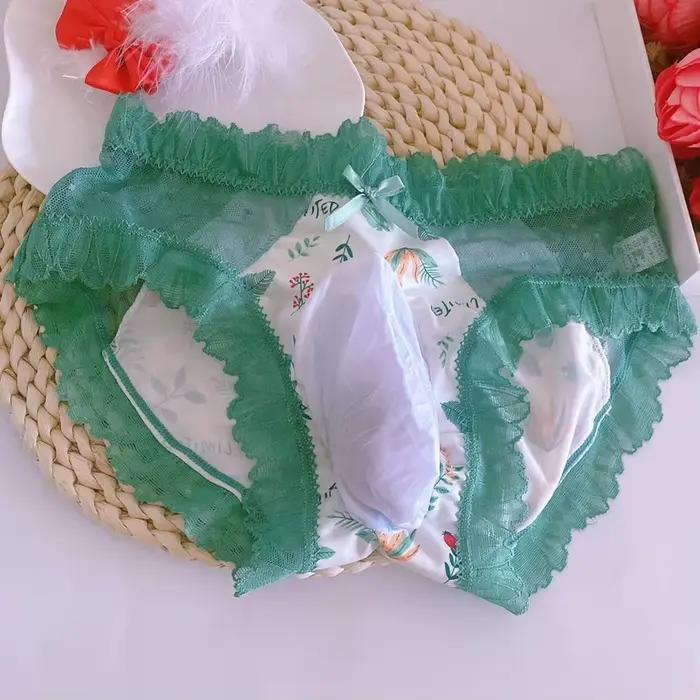 Sissy mignon nœud culotte à volants culotte érotique discothèque DJ Club BF fête privée, hommes Sexy voir à travers la dentelle florale glace soie slips