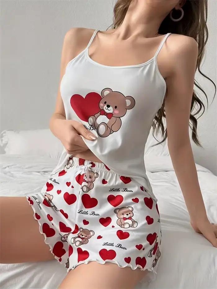 Ensemble pyjama et short pour femmes, vêtements de maison, ours mignon + cœur de pêche rouge imprimé, sous-vêtements, Lingerie Sexy, Camisoles, vêtements de nuit