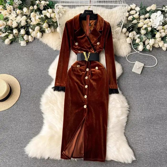 Robe damas velours et dentelle pour femme élégante, silhouette une ligne, boutonnage simple, polyester, automne hiver, bureau et occasions spéciales
