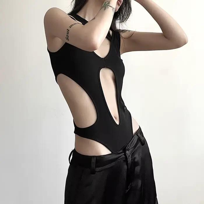 Body gothique ajouré pour femmes, Sexy, Techwear, mode Y2k, Patchwork, hauts Grunge, dos nu, coupe haute, Slim