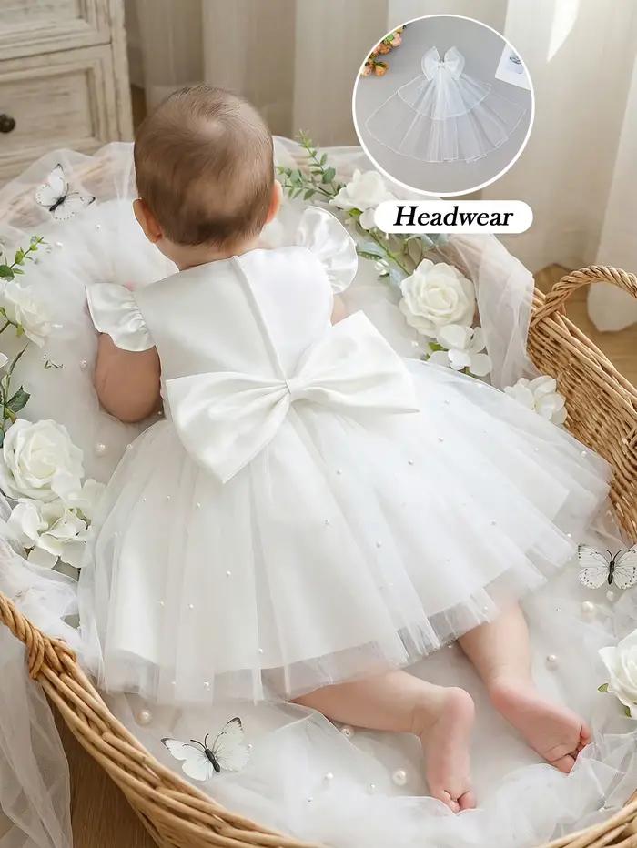 Robe blanche pour demoiselle d'honneur, robe de fête en tulle à volants avec nœud papillon, cadeau pour le premier anniversaire d'une fille, banquet