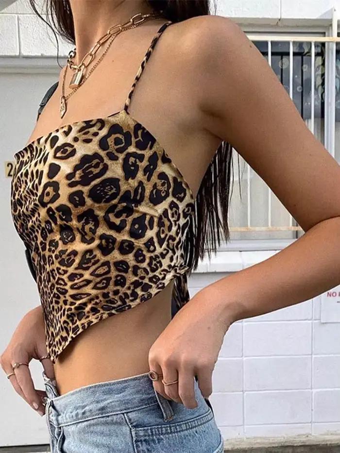 Top léopard court féminin à manches évasées pour femmes, mode streetwear, été 2024, hauts tricotés en polyester et élasthanne, occassions spéciales et cadeaux