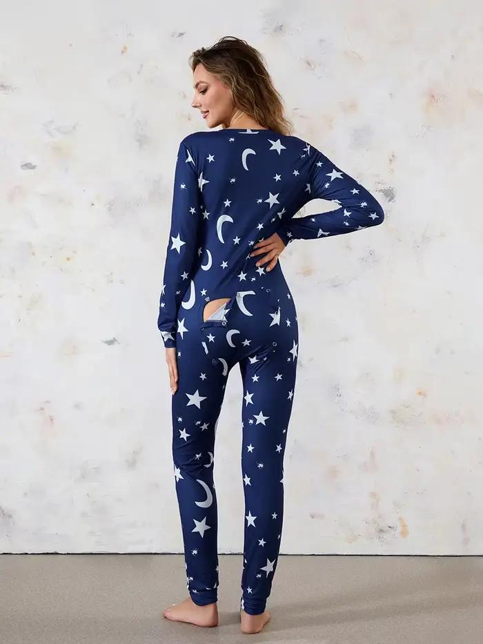 Pyjama de salon imprimé étoile pour femme, bouton bout à bout sexy, combinaison à rabat arrière, vêtements de nuit, barboteuse respirante, vêtements d'intérieur, 1 pièce