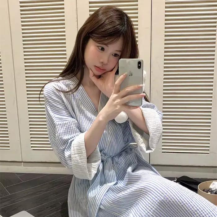 Chemise de nuit rayée bleue, robe de matin décontractée ample et simple à manches longues pour femme, printemps et été, vêtements d'intérieur, chemise de nuit