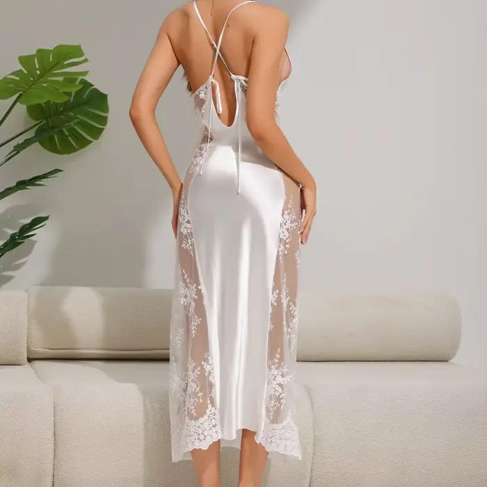 Chemise de nuit blanche pour femmes, vêtements de nuit Sexy en dentelle, Satin, Patchwork, bretelles, Lingerie d'été, soie glacée, vêtements de maison