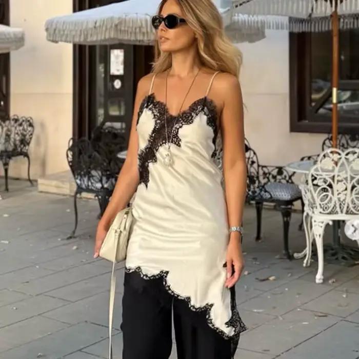 HXAO Dámske šaty bez rukávov z čiernej čipky asymetrické elegantné večerné