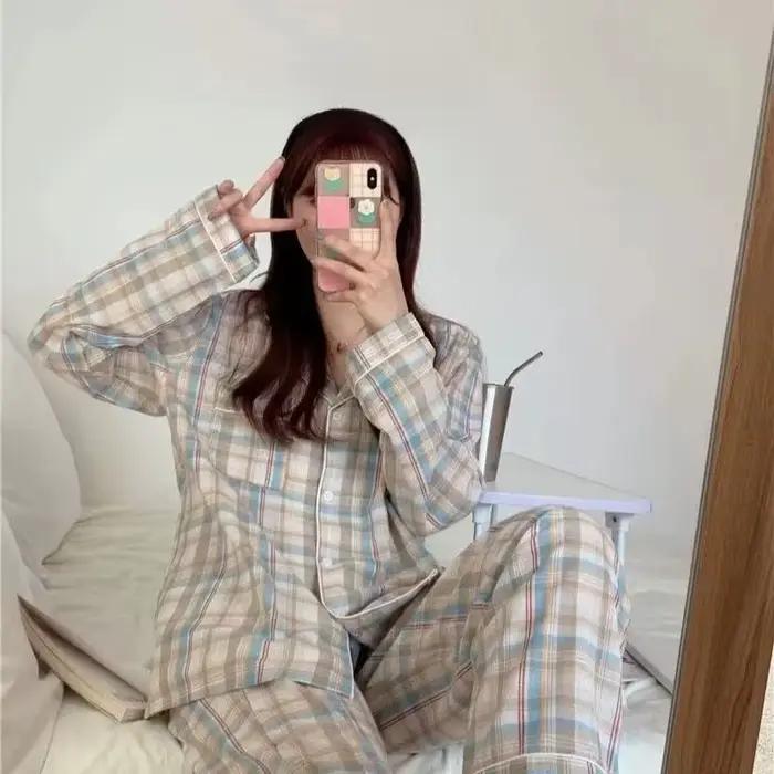 Dámske pyžamo na jeseň a zimu s dlhým rukávom mäkké nočné oblečenie Homewear dvojdielny set ženy Plaid ležérne