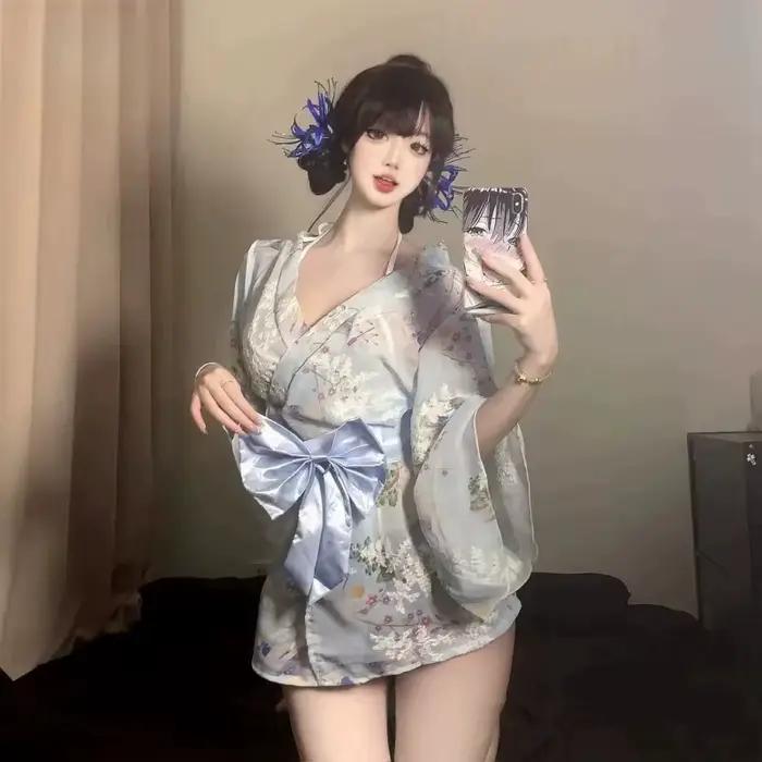 Nouvelle Robe de Nuit Kimono en Chiffon Imprimée et Brodé, Col en V Profond, Nœud Papillon, Séduisante et Coquette, Lingerie Érotique