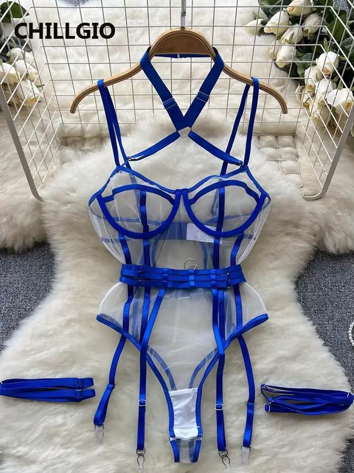 CHILLGIO ženy sieťka Sexy ramienka overal erotická móda jednodielny Catsuit Lingerie priliehavá Priehľadná kombinéza body