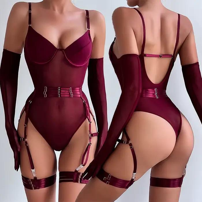 Ensemble de soutien-gorge en dentelle moulante pour femme, costume de batterie transparent, lingerie sexy, corps érotique avec gants, tenue jarretière, poupée bébé XXX, Sex Shop