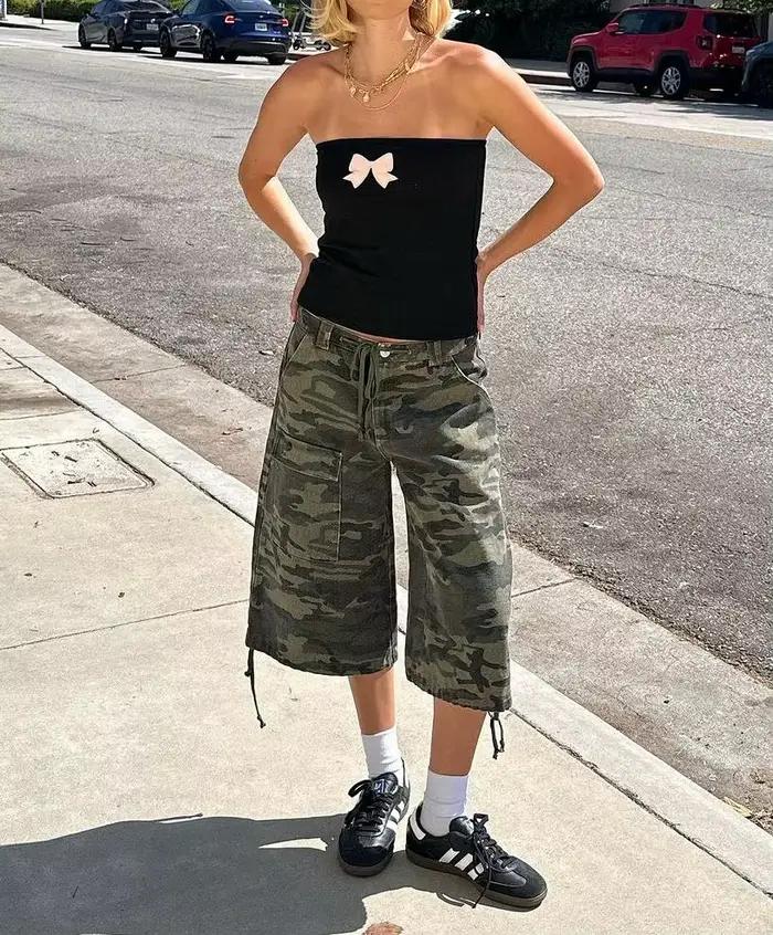Nová letná móda pre ženy Cargo šortky ležérne s kamuflážnou potlačou voľné so šnúrkou krátke nohavice pre Club Streetwear